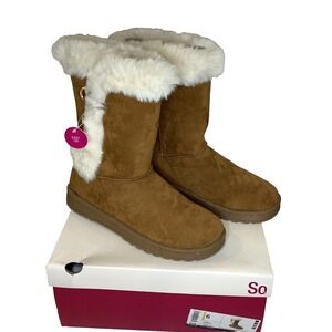 SO Womens Boots Size 6 Sophia Chestnut Faux Suede Fur-Lined Easy On